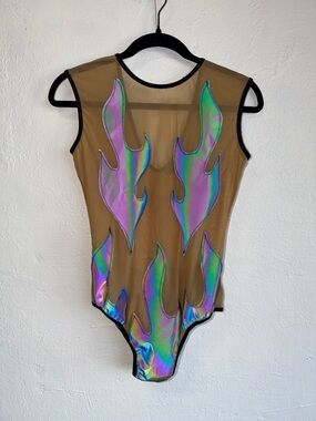 Holographic Flame Mesh Bodysuit - Brown with Iridescent Accents
